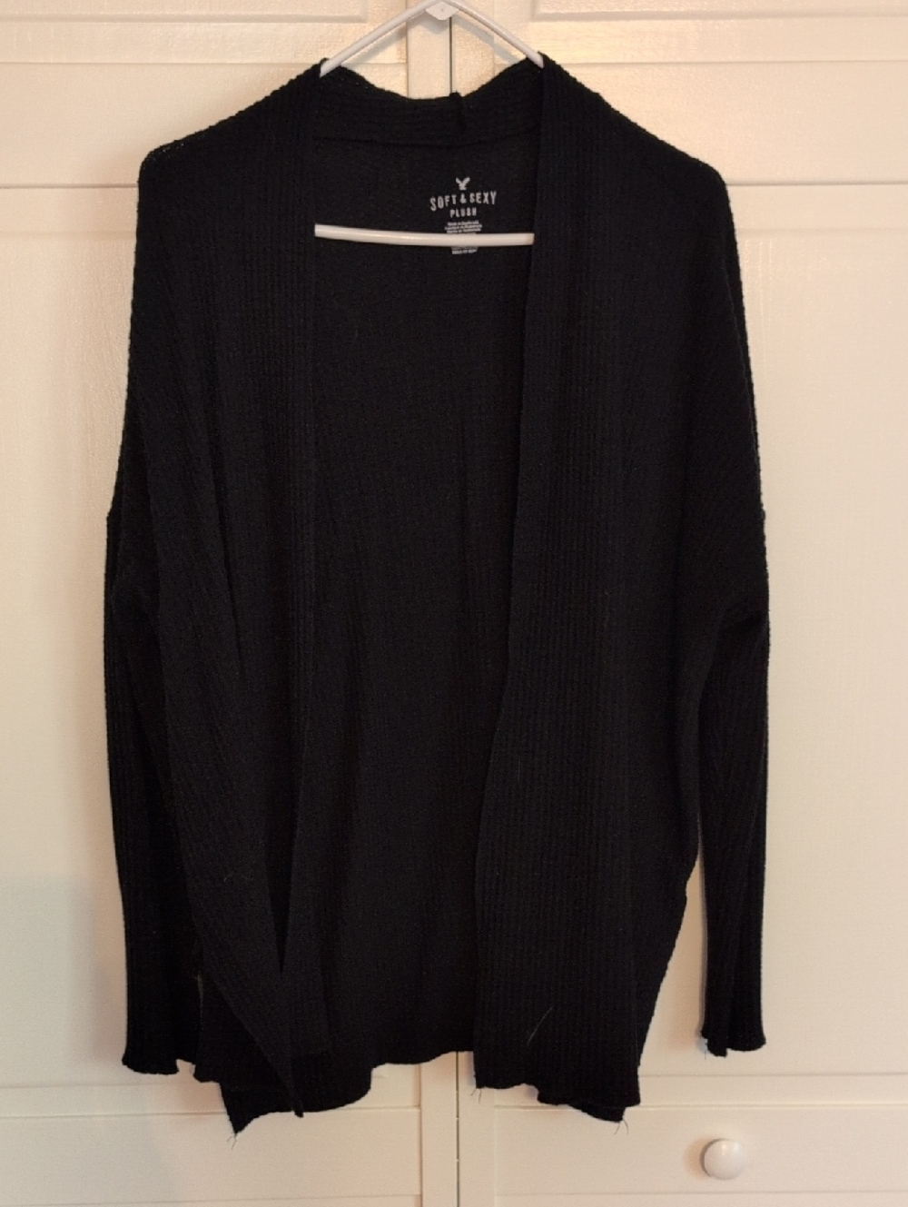 American Eagle Outfitters Black Open-Front Split HemWaffle Knit Cardigan Size XL
